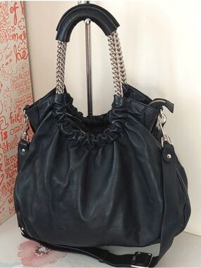 Stuart Weitzman Black Lamb Leather Ruched Satchel/Shoulder/Crossbody Bag